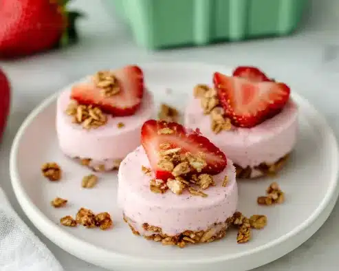 Three frozen yogurt granola bites on white plate featuring pink yogurt with heart-shaped strawberry slices and granola toppings, with green containers in blurred background