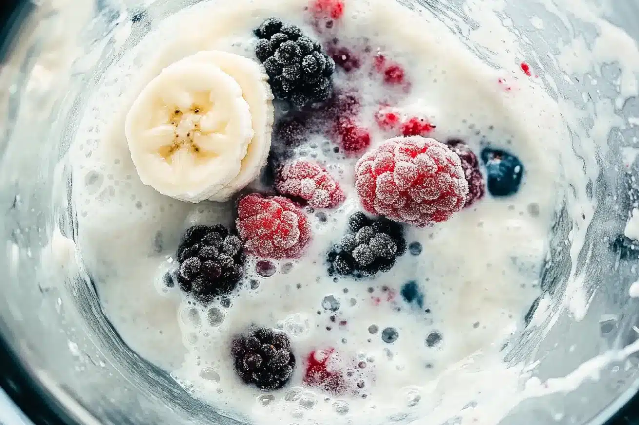 Overhead photo of frozen raspberries, blackberries, blueberries, and banana slices in a blender with milk and yogurt before blending.

