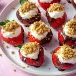 Plated cheesecake stuffed strawberries with creamy filling, chocolate coating, and crumb topping on a pink background