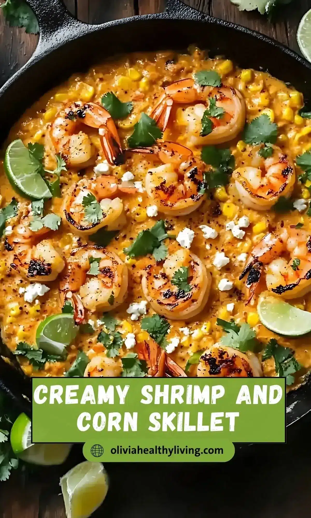Creamy shrimp and corn skillet in a black pan topped with shrimp, corn, lime wedges, and cilantro with green Pinterest-style recipe label.

