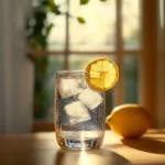 Sunlit glass of Ice Hack drink with lemon slice and ice cubes on wooden table with window background