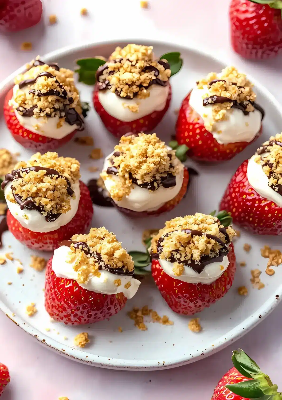 Close-up view of cheesecake stuffed strawberries with whipped cream cheese filling and crunchy topping