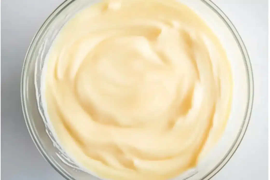 Overhead view of smooth white chocolate pudding in clear glass bowl, showing creamy pale yellow texture with swirled surface ready for trifle layering