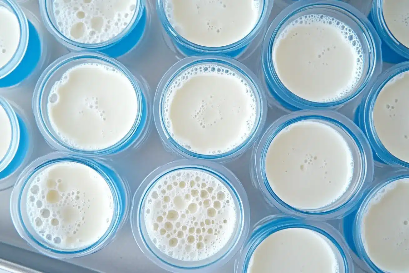 Tray of plastic cups with blue and white jello layers in preparation stage