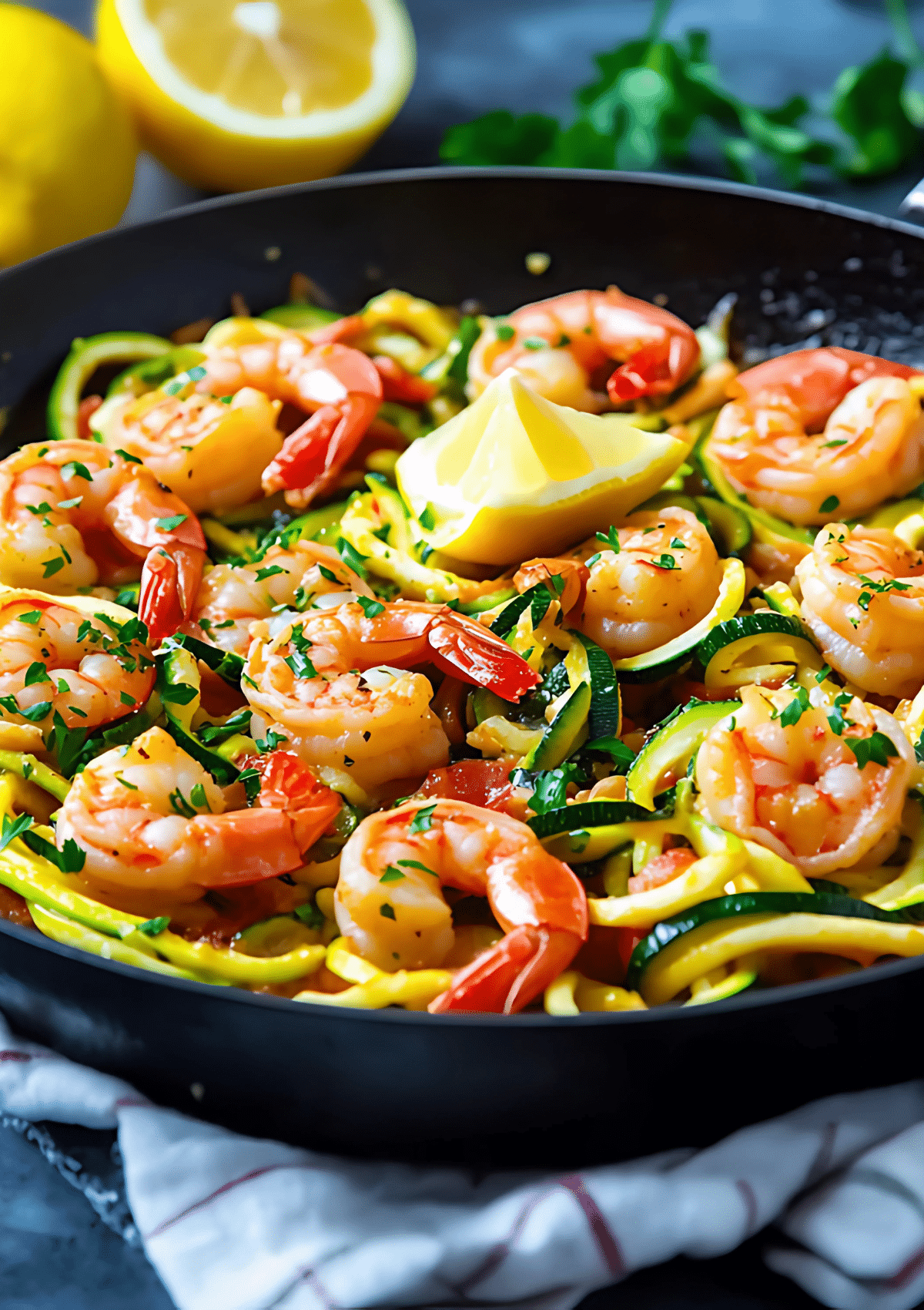 Zucchini shrimp scampi in dark skillet with lemon wedge garnish, featuring cooked shrimp, spiralized zucchini, and fresh herbs in butter sauce