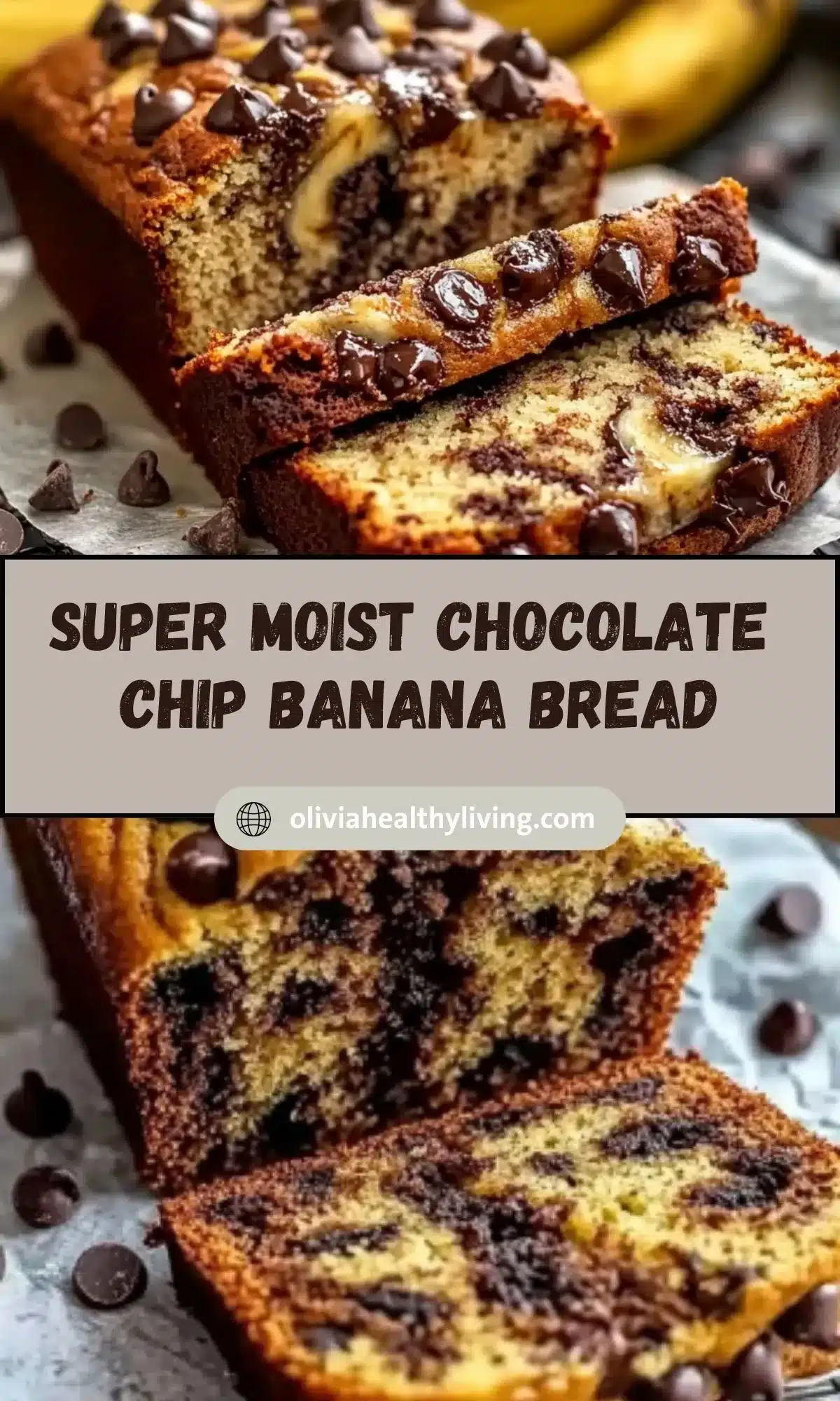 Sliced ​​marbled chocolate chip banana bread on parchment paper with thick slices showing swirled interior pattern and chocolate chips on top