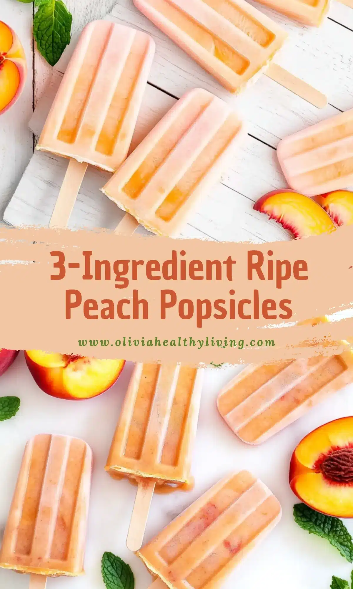 Multiple ripe peach popsicles arranged on white wooden surface with fresh peach slices and mint leaves