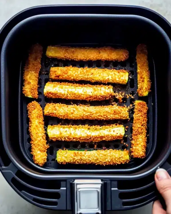Air fryer basket filled with golden zucchini fries cooking at 400 degrees