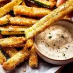 Hand holding a golden air fryer zucchini fry being dipped into creamy herb aioli sauce