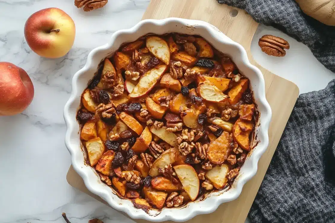 Overhead view of completed apple sweet potato bake in white scalloped ceramic pie dish on marble surface with fresh apples and pecan halves as props