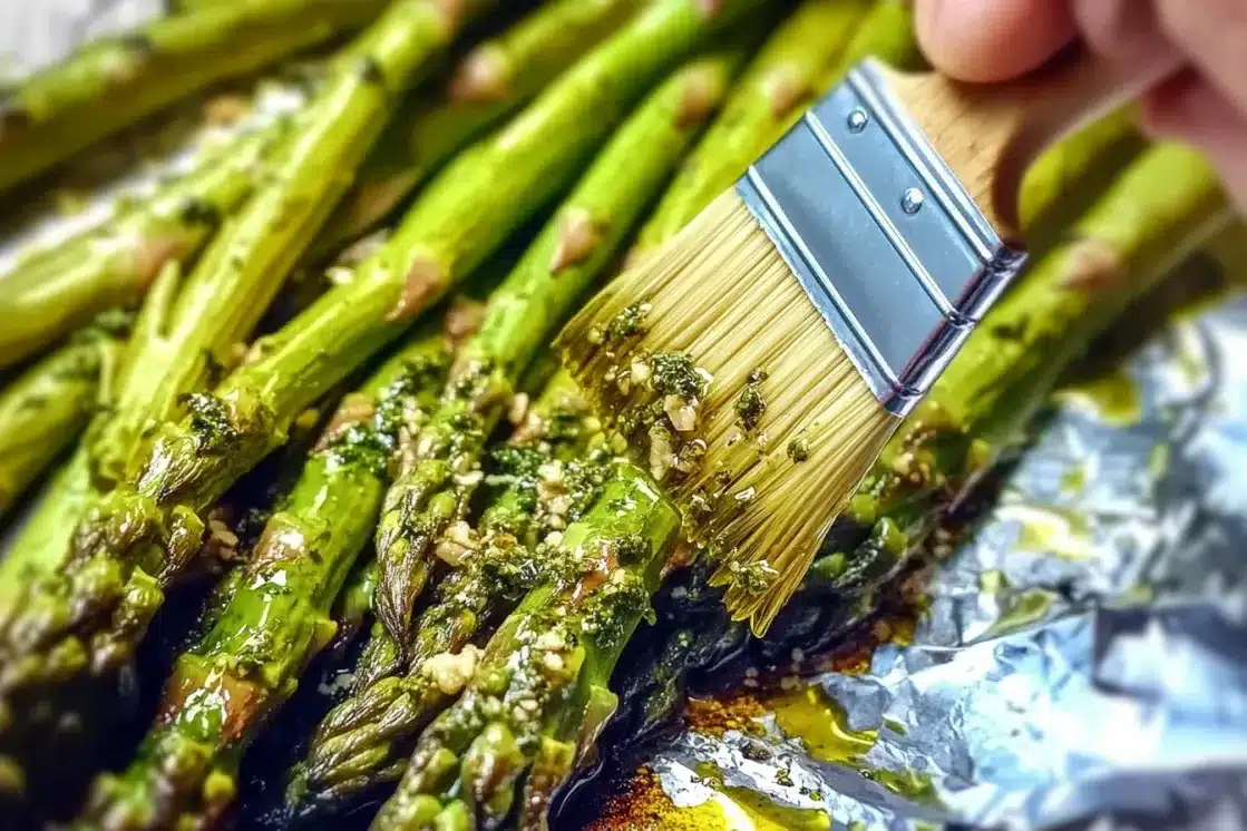 Hand brushing herb oil onto asparagus spears on aluminum foil using pastry brush