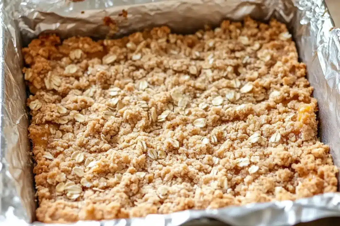 Unbaked apricot oatmeal bars in foil-lined baking pan showing raw oat crumble topping before baking