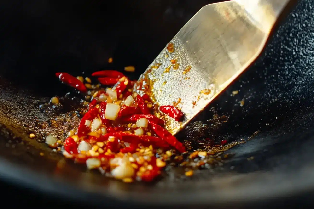 Diced garlic and whole dried red chilies sautéing in hot oil with a spatula in a wok.