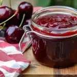 Mason jar filled with homemade cherry barbecue sauce on wooden cutting board with red and white striped kitchen towel, fresh dark cherries with stems as garnish