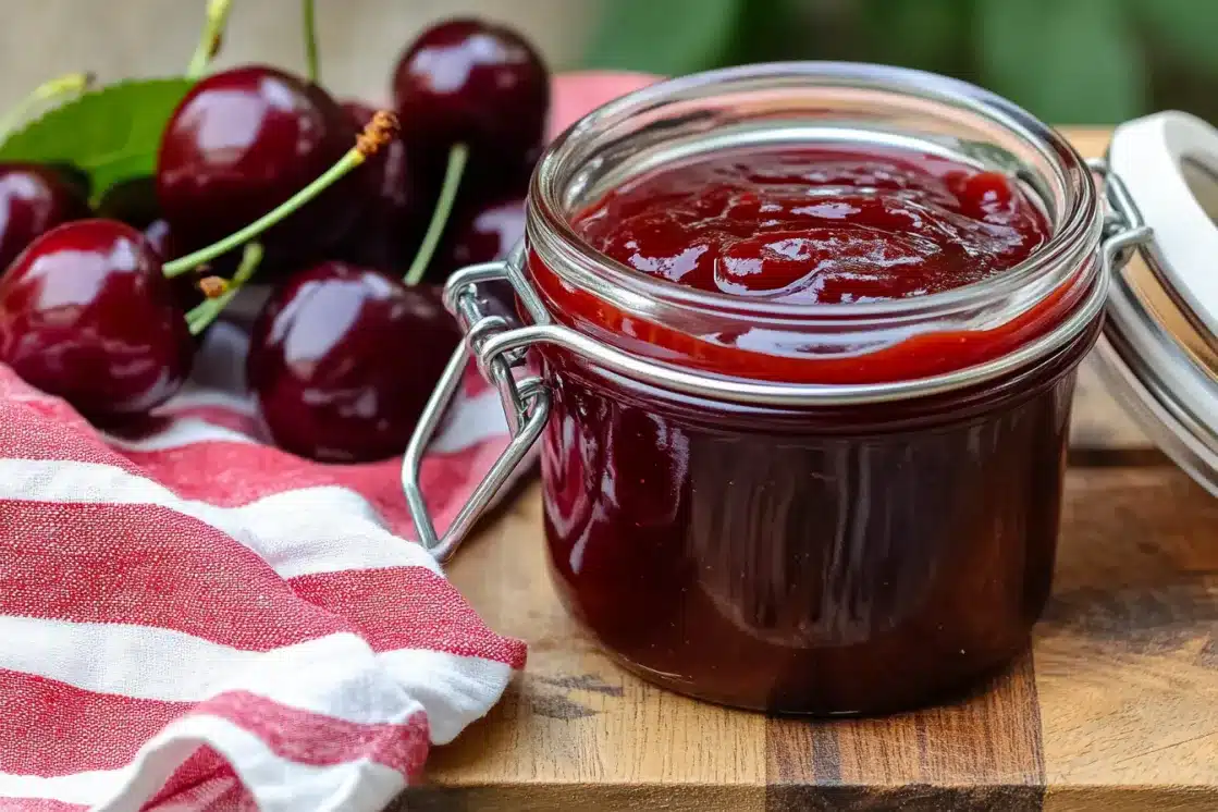 Mason jar filled with homemade cherry barbecue sauce on wooden cutting board with red and white striped kitchen towel, fresh dark cherries with stems as garnish