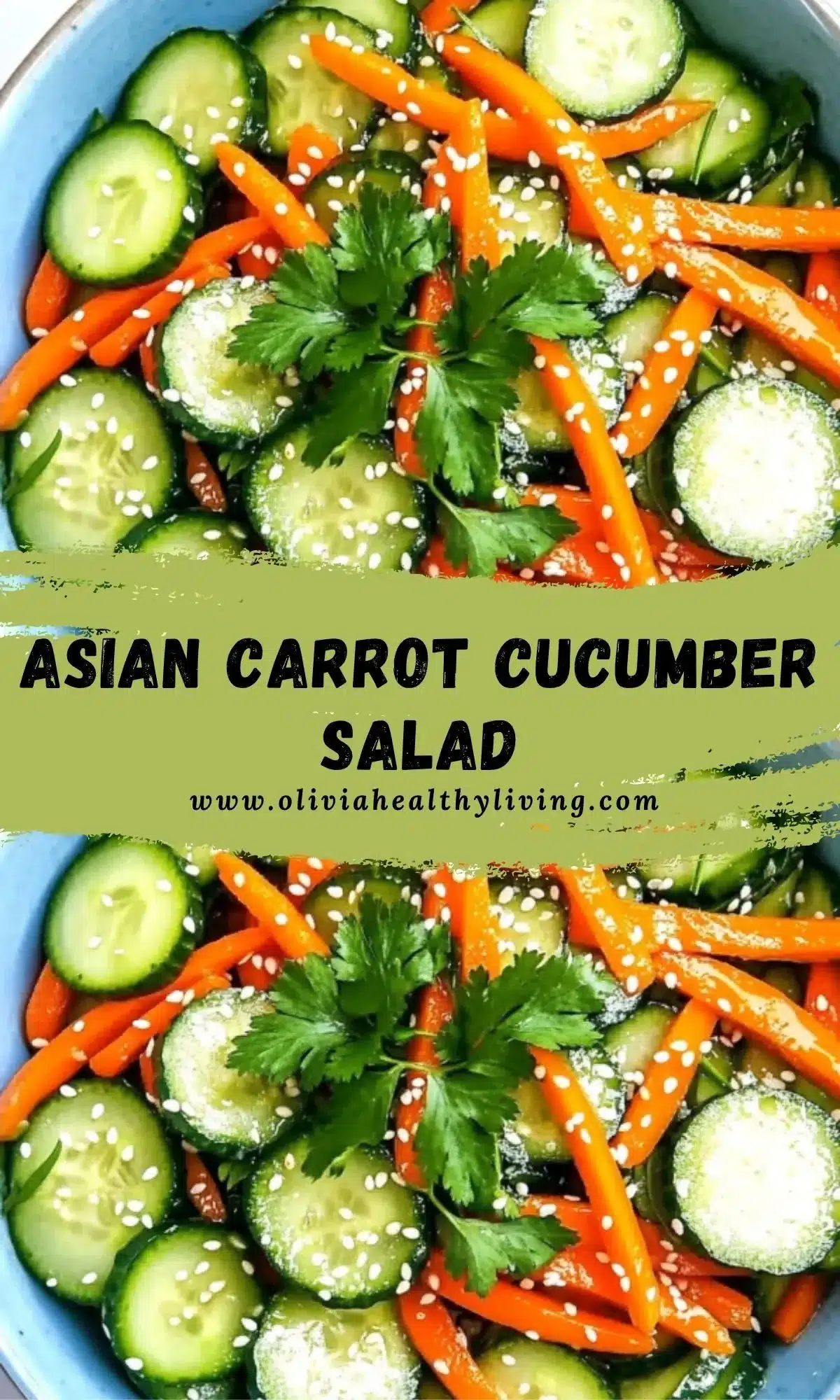 Overhead view of carrot cucumber salad in blue bowl with cilantro garnish