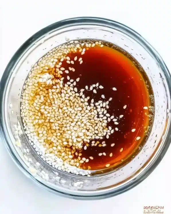 Glass bowl containing sesame oil dressing with floating sesame seeds