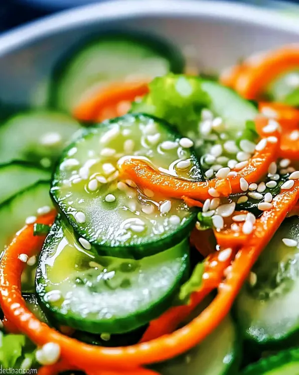 Macro detail of cucumber and carrot pieces with sesame seed coating