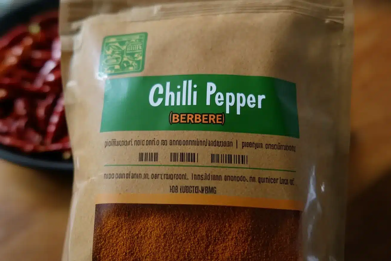 A labeled package of Berbere chili pepper spice used in traditional Ethiopian dishes, with dried chilies in the background.