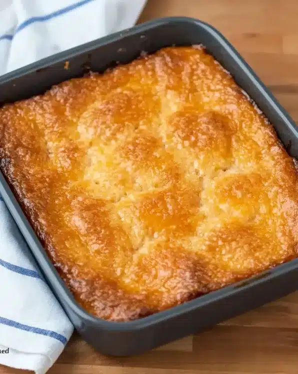 Whole apricot buckle cake in square baking pan with golden-brown surface and visible fruit pieces throughout