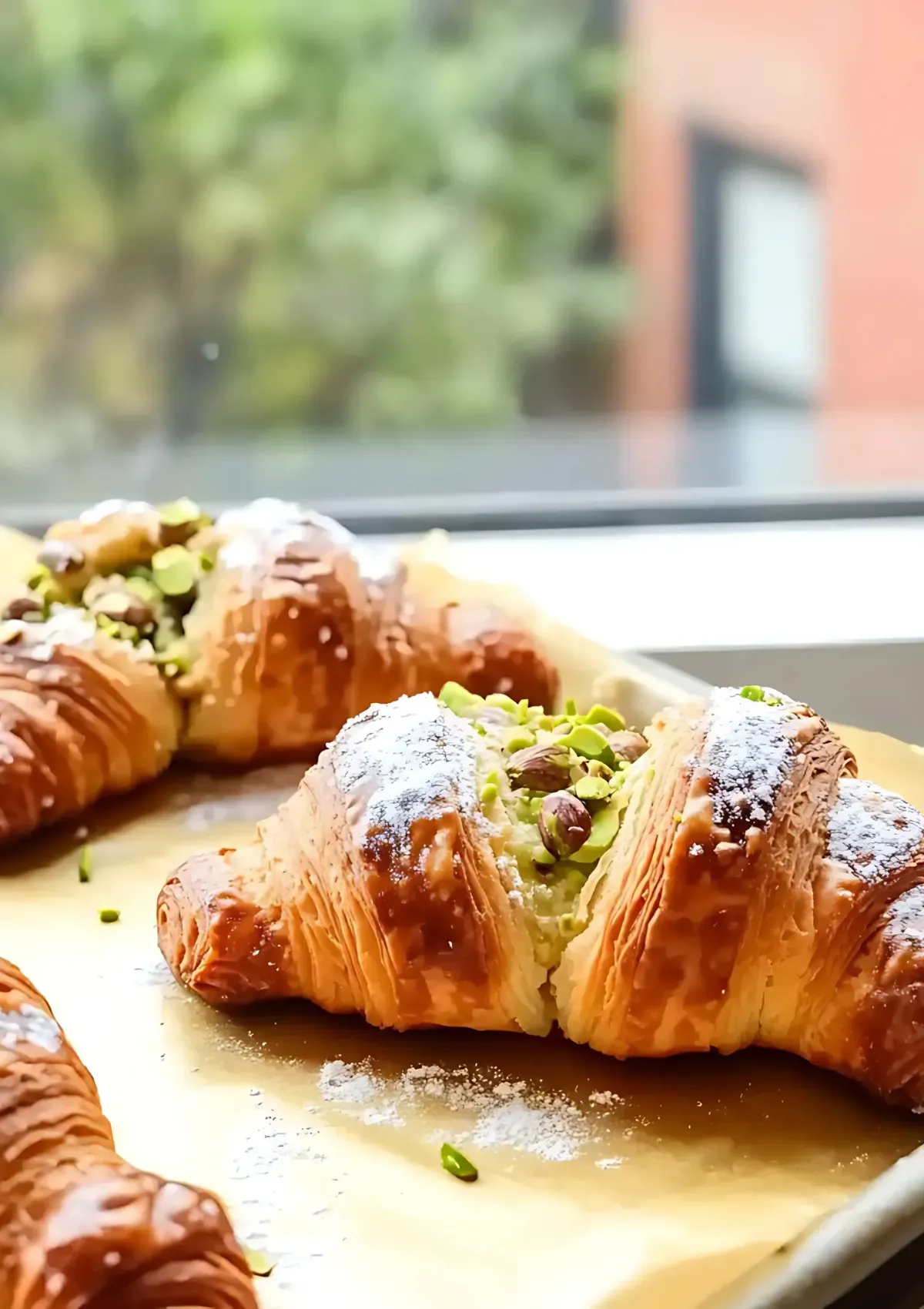 Pistachio croissants on a tray lined with parchment paper, dusted with powdered sugar and stuffed with chopped pistachios.

