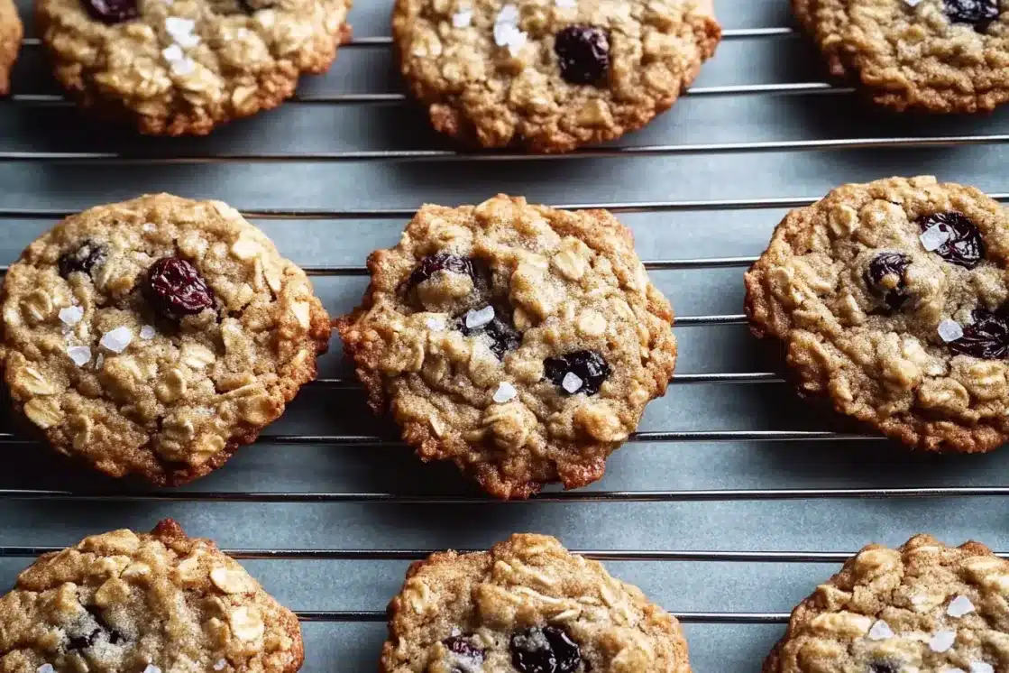 Multiple cherry chocolate chip cookies with oats cooling on wire rack showing consistent size and golden brown color