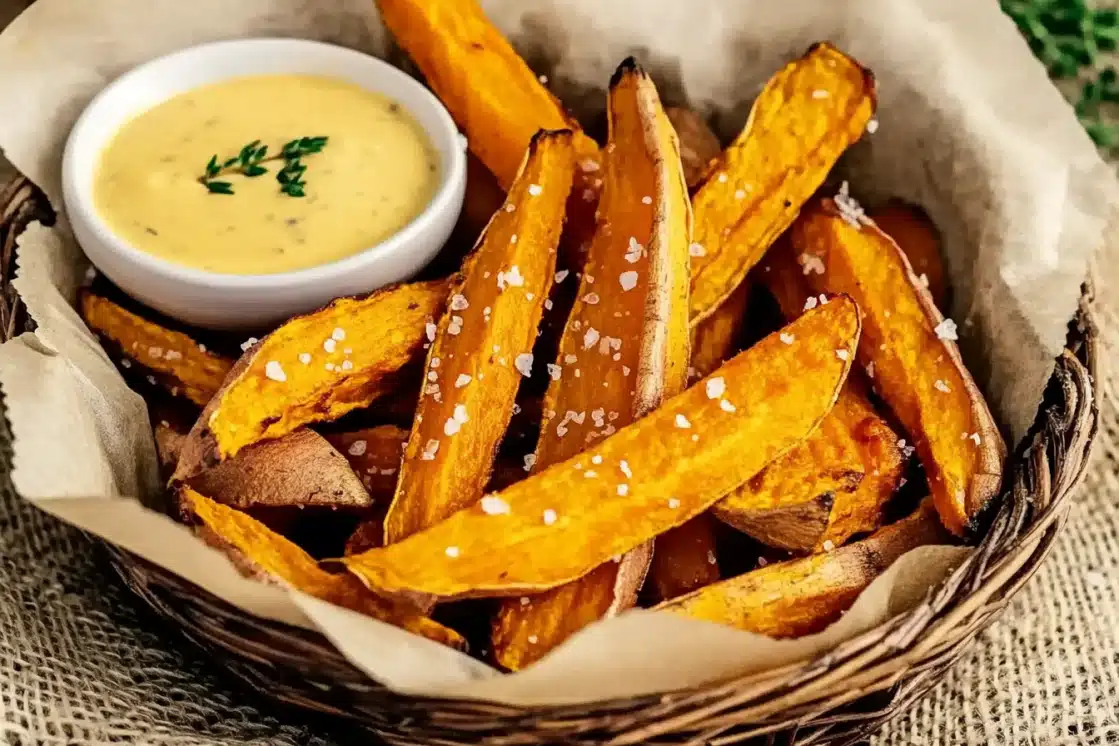 Sweet potato fries arranged in a wicker basket lined with parchment paper, seasoned with salt and served alongside creamy herb aioli