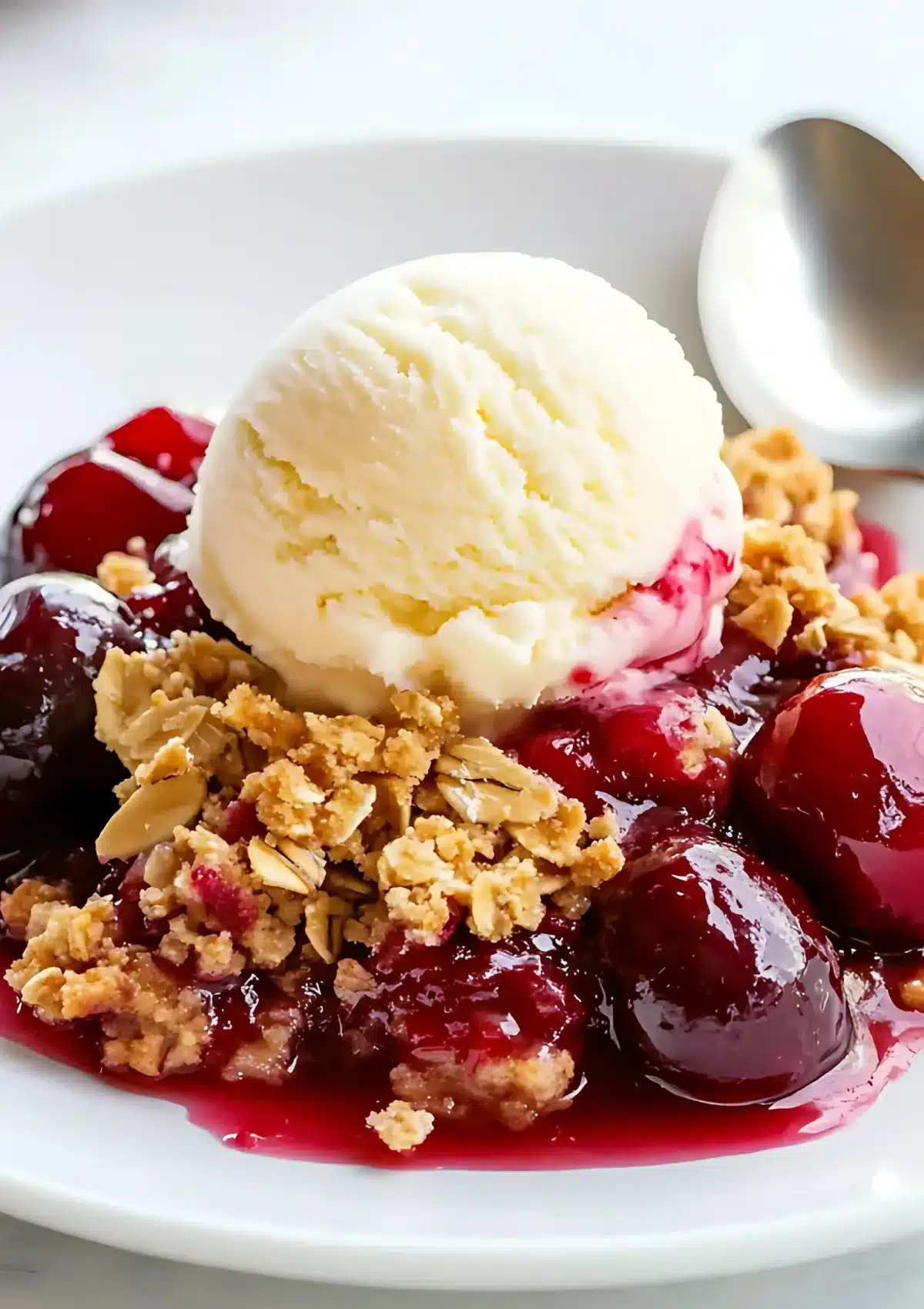 Close-up of fresh cherry crisp portion with vanilla ice cream scoop and golden crumbly topping