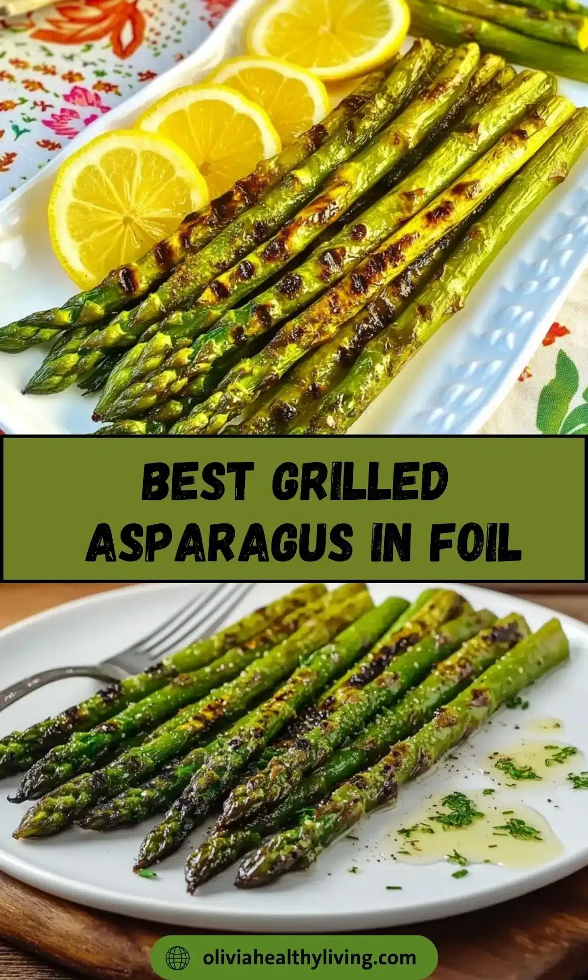 Grilled asparagus spears with lemon slices on white rectangular platter with floral napkin background
