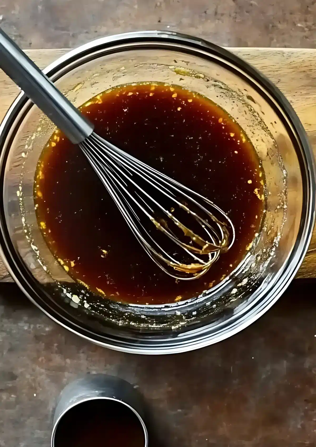 Glass mixing bowl containing a rich brown tofu marinade with ginger and sesame oil, with a whisk inside and a metal cup nearby on a rustic kitchen surface.