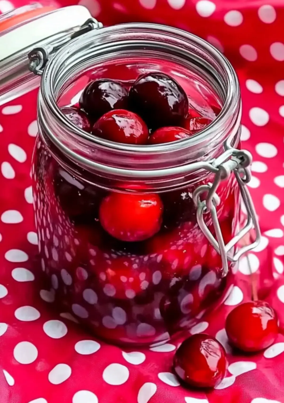 Close-up of tipsy cherries in hinged glass jar showing dark red cherries in alcohol syClose-up of tipsy cherries in hinged glass jar showing dark red cherries in alcohol syruprup