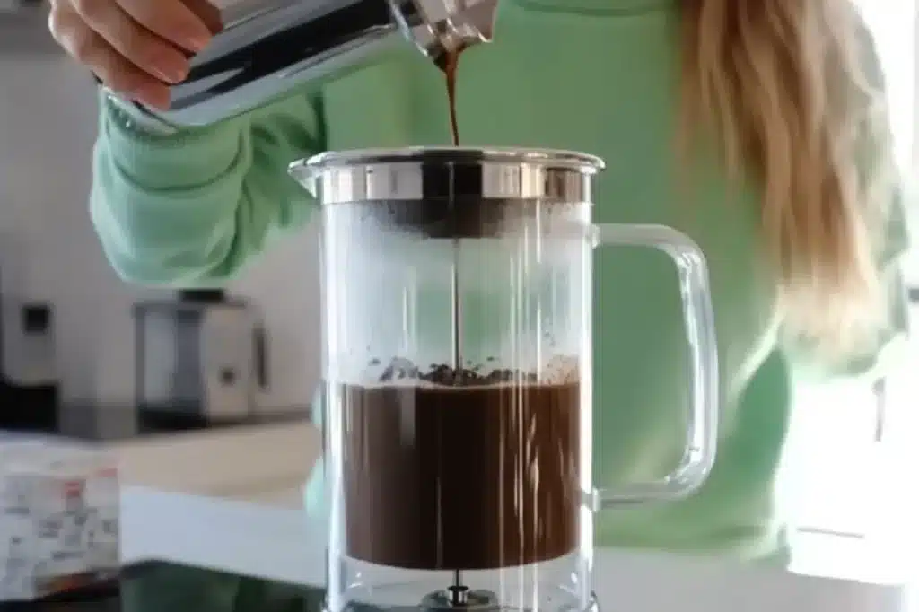  Woman brewing strong coffee using a French press, the first step of the coffee loophole recipe.

