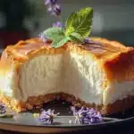 A golden fluffy cloud cake with whipped cream texture, topped with fresh mint leaves and lavender sprigs, basking in natural sunlight on a dark matte plate