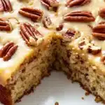 Overhead view of butter pecan cake with multiple slices cut, showing pecan sauce and nuts on top