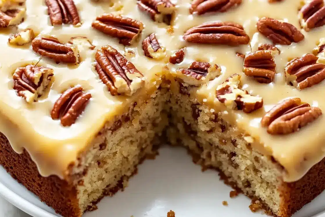 Overhead view of butter pecan cake with multiple slices cut, showing pecan sauce and nuts on top