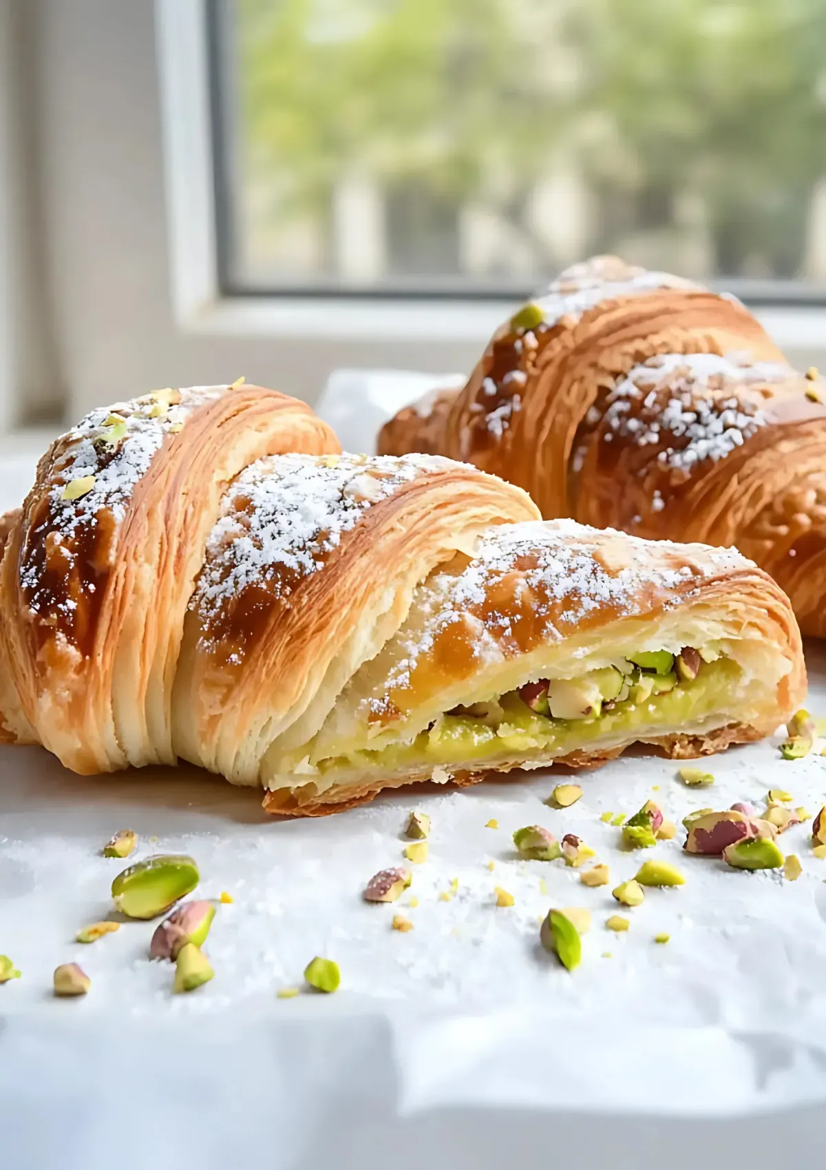 Golden-brown pistachio croissant with visible chopped pistachios inside, resting on parchment paper by a window.

