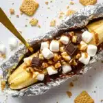 Foil-wrapped banana filled with gooey marshmallows, melted chocolate, and graham cracker crumbles, surrounded by scattered crackers and a gold spoon.