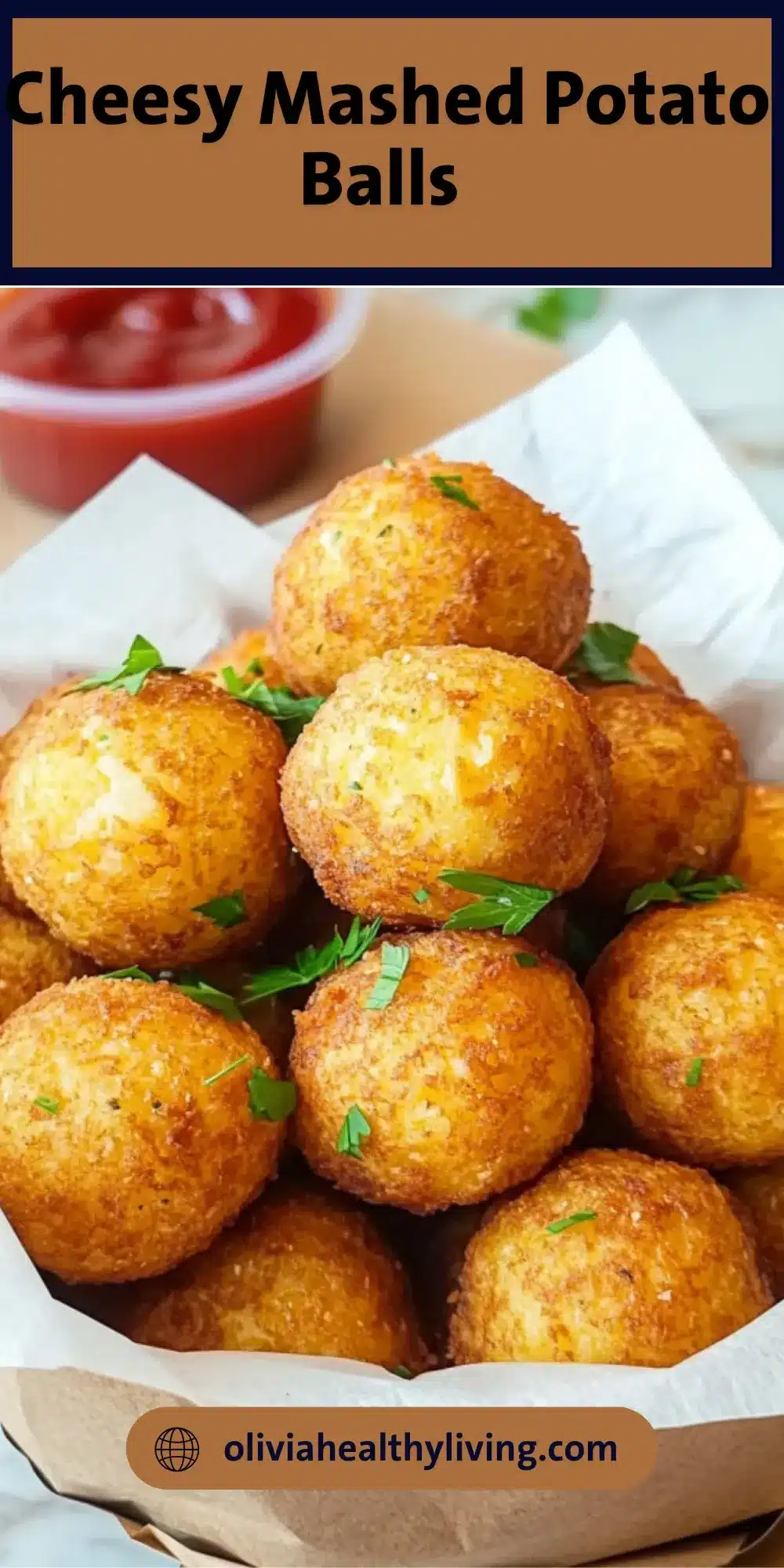 Crispy and golden cheese-stuffed mashed potato balls served in parchment paper with a side of ketchup, labeled as “Cheesy Mashed Potato Balls”.


