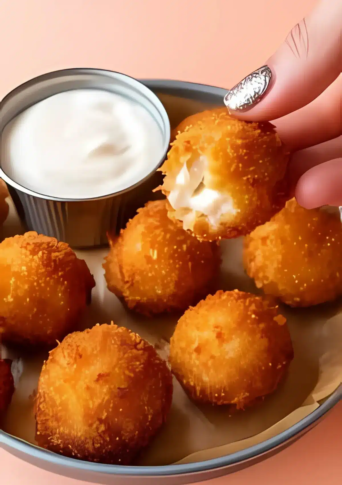 Hand holding a bitten cheese potato ball above a metal dipping sauce cup, surrounded by crispy golden balls on parchment.

