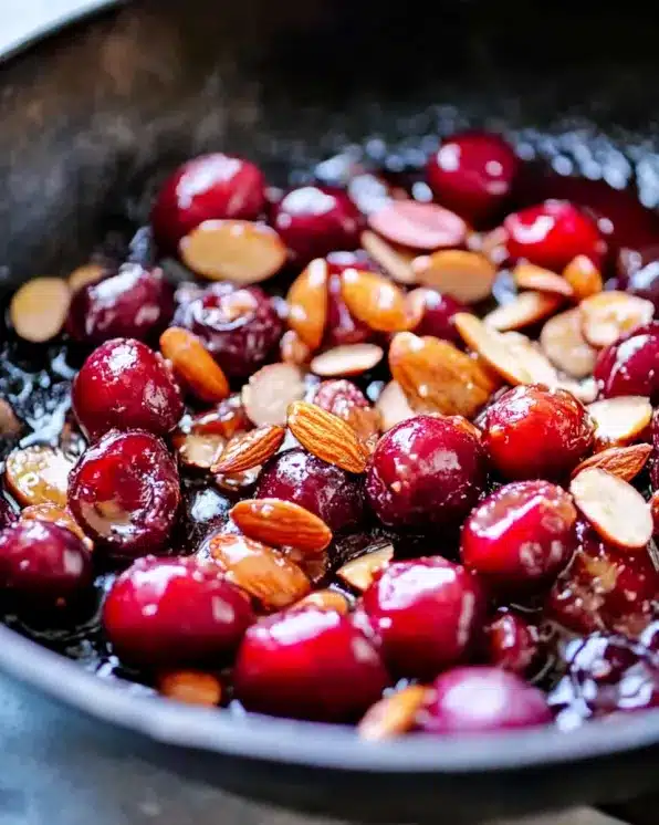 Homemade cherry almond dessert topping simmering with brown sugar and cinnamon in skillet