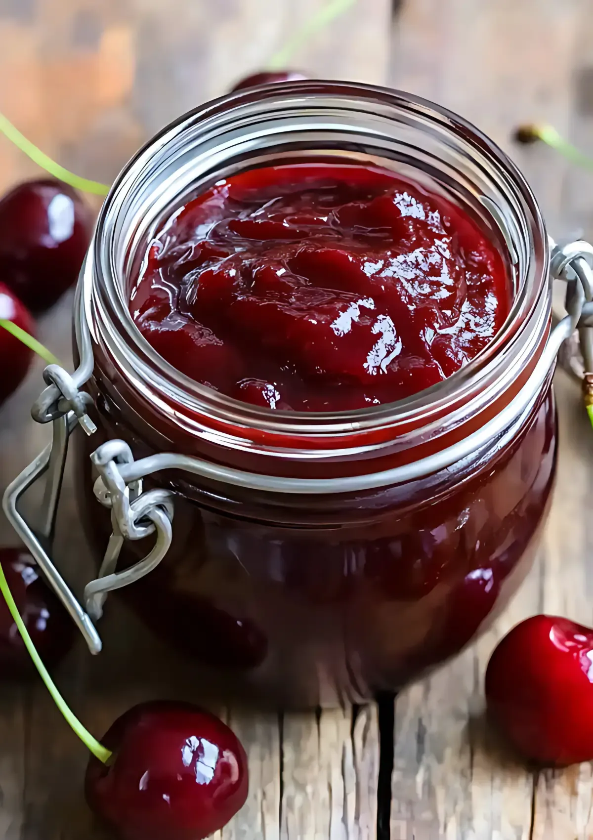 Close-up view of glass mason jar with wire bail closure containing thick, glossy cherry barbecue sauce with rich burgundy color, fresh cherries with stems scattered around on wooden surface