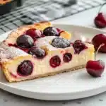 Slice of cherry clafoutis on white plate dusted with powdered sugar, fresh cherries as garnish, wire cooling rack in background