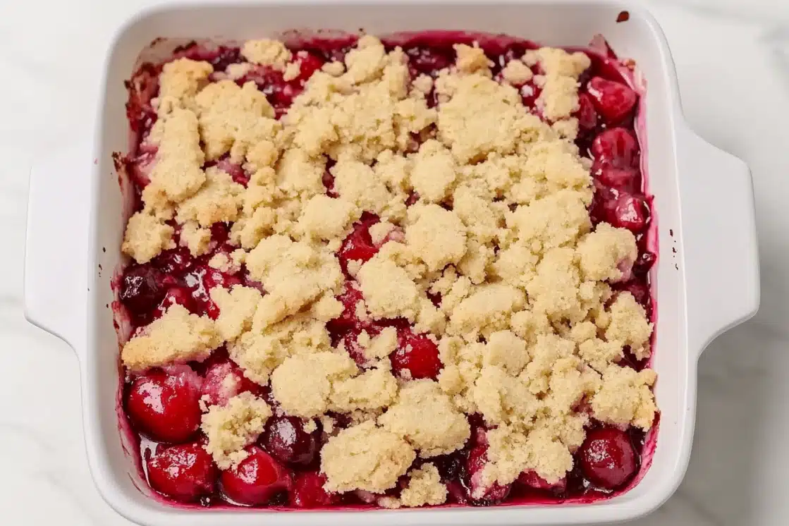 Cherry cobbler with cookie-like topping pieces arranged over cherries before baking in square dish