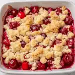 Unbaked cherry cobbler in white baking dish showing raw topping pieces scattered over fresh cherries