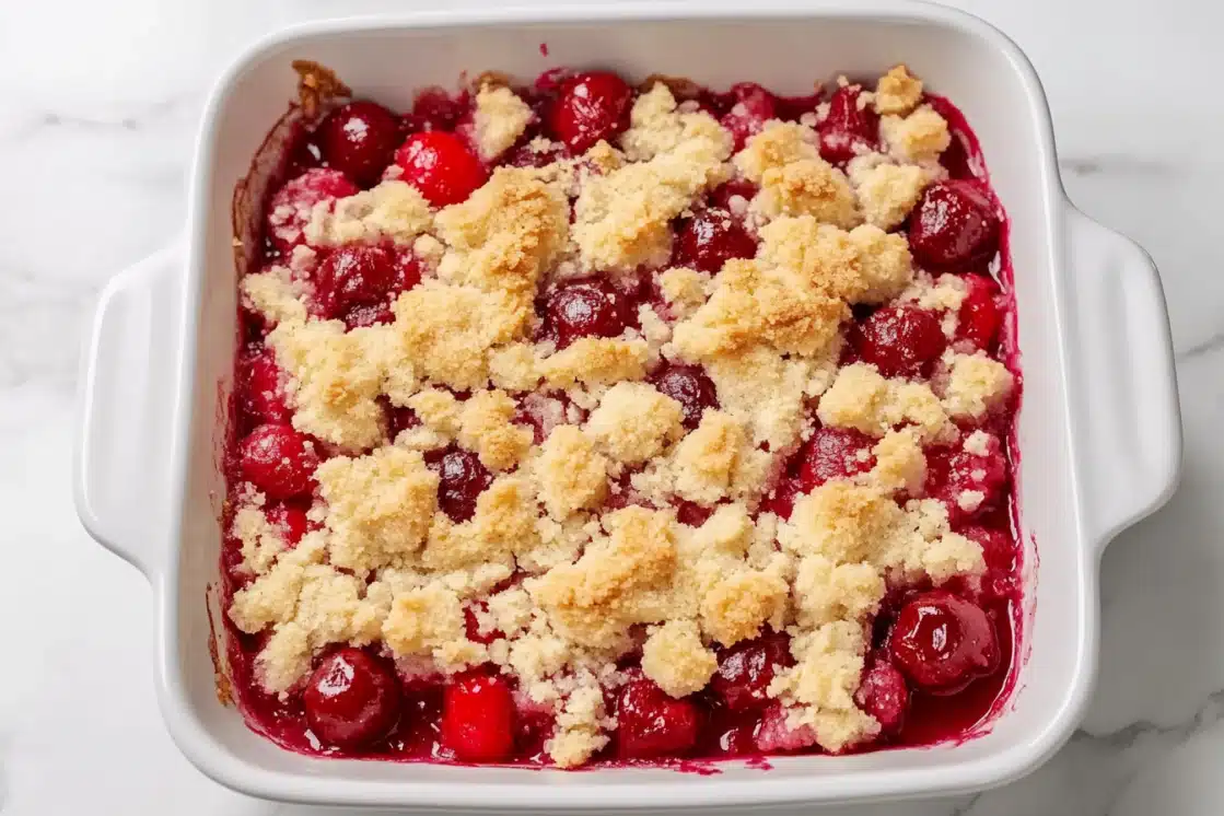 Unbaked cherry cobbler in white baking dish showing raw topping pieces scattered over fresh cherries