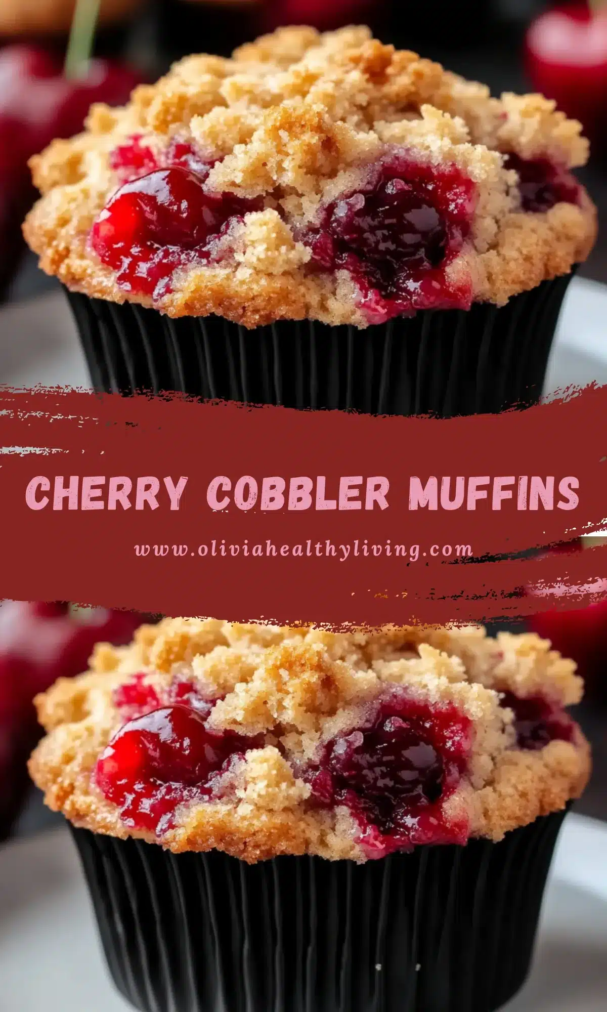 Cherry cobbler muffins with golden streusel topping and juicy red cherries in black paper liners