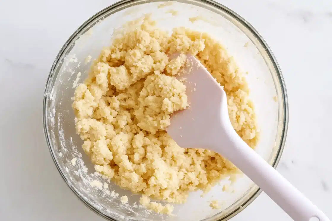 Cherry cobbler topping mixture in glass bowl showing crumbly cookie-like texture