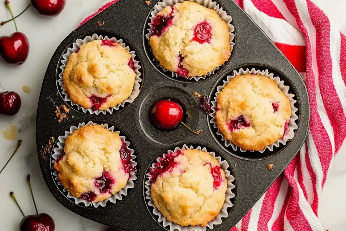 Cherry muffins in dark muffin tin with paper liners, fresh cherries scattered around and red striped kitchen towel