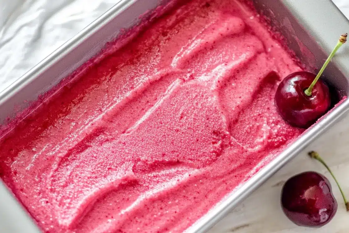 Pink cherry sorbet in metal loaf pan showing smooth texture with fresh cherry garnish