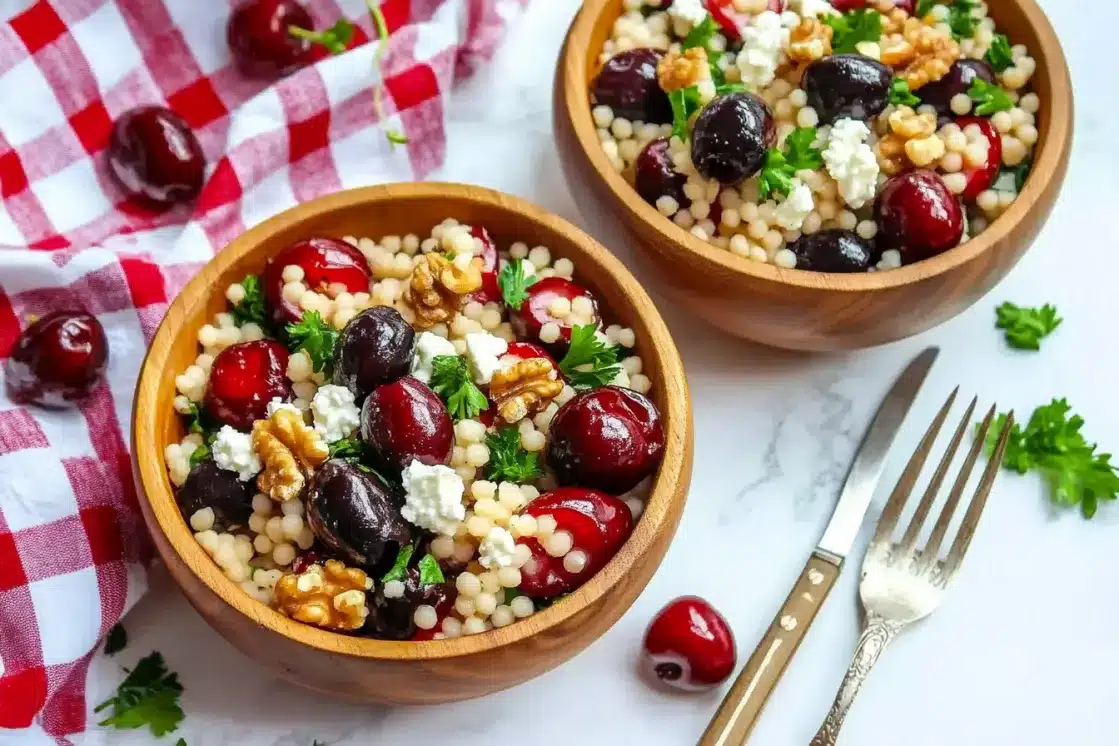 Two servings of Cherry Walnut Couscous Salad in wooden bowls with red checkered napkin and silverware